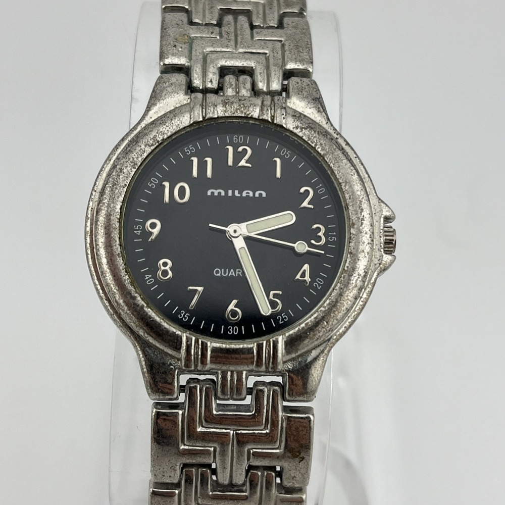 Milan Watch Men 33mm Case Black Dial 7.75" Silver Band- New Battery